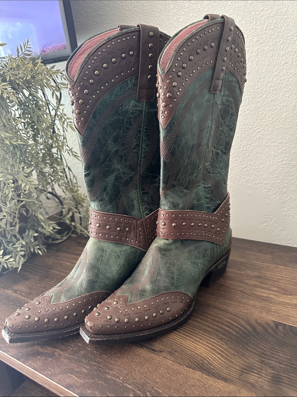 Studded Green/teal and Brown Western Cowboy Boots